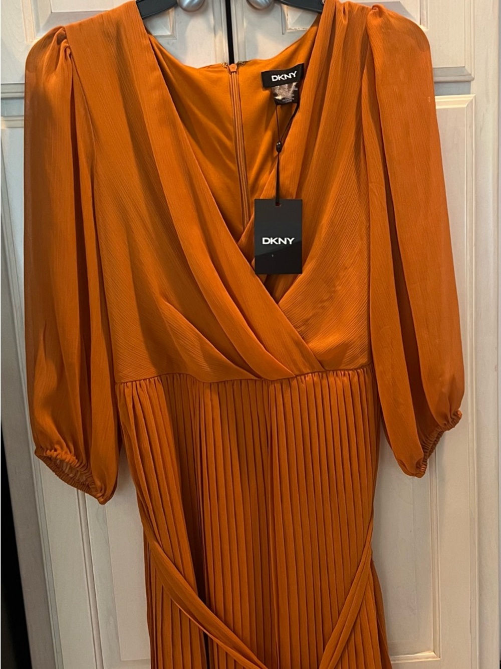 DKNY Rust-Orange Pleated Wrap Midi Dress
